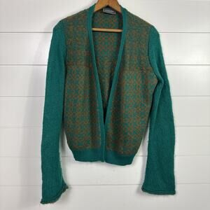 Wooden Ships Mohair Open Front Cardigan Sweater Green Brown Pattern sz M/L